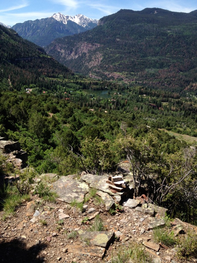 Cairn with doggie ashes in lower center, overlooking a beautiful view